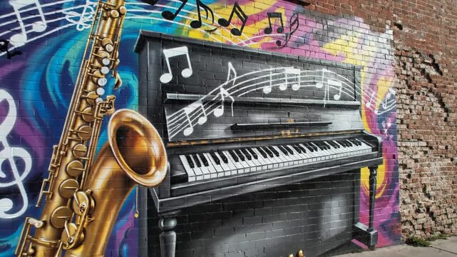Detailed street art mural painted on a rustic brick wall featuring a golden saxophone in the foreground and a black and white piano keyboard with floating musical notes in the background.