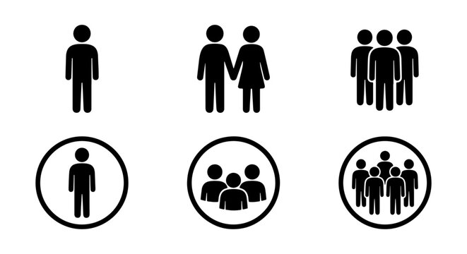 Group of people silhouettes in various arrangements and sizes on white background