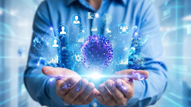 Corporate manager with digital hologram AI-powered human resources or HR icon and data graph for automated employee performance evaluation and business talent assessment.