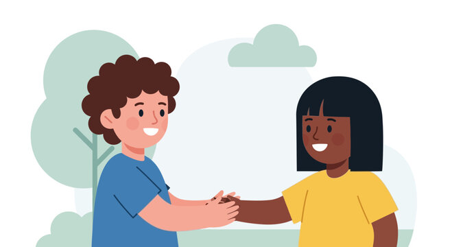 Diverse children shaking hands outdoors, friendship and equality concept