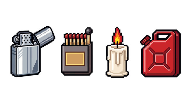Pixel art ignition sources: lighter, matches, candle, gas can