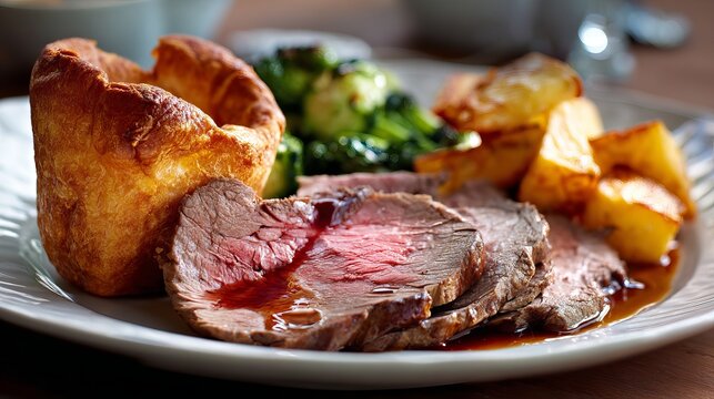 Roasted Beef Dinner With Yorkshire Pudding And Vegetables On White Plate For Traditional British Cuisine Concepts