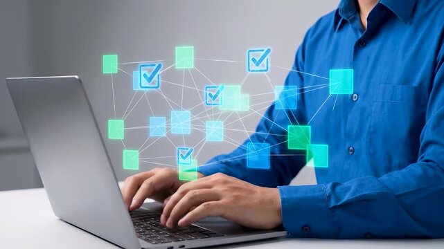 Man typing on a laptop analyzing digital data flow diagrams. Holographic nodes and network connections mapping system processes and information management technology.