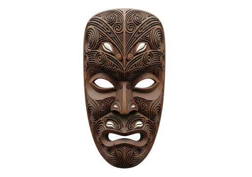 Detailed Maori wooden mask featuring traditional facial tattoo (moko) designs, ideal for cultural, historical, and artistic projects in education, tourism, and indigenous heritage branding.
