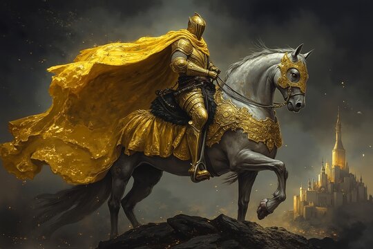 A man riding on the back of a white horse with a golden cape