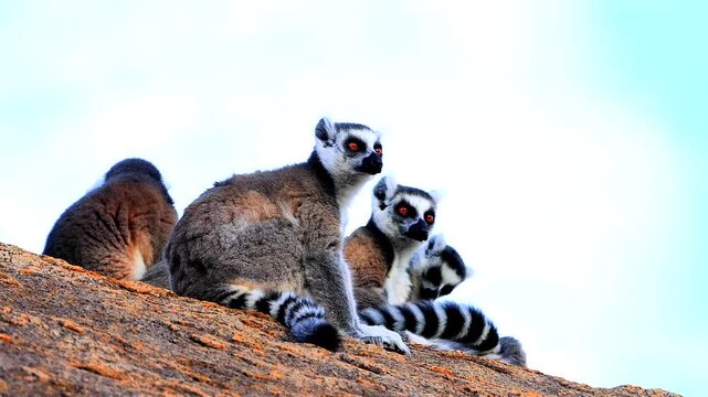 group of ring-tailed cattas warm up and play with each other 0001
