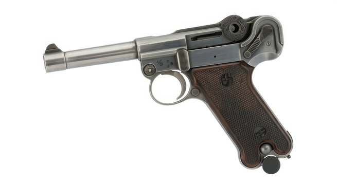 Side view of a classic luger p08 pistol with brown wood grips isolated on a white background surface