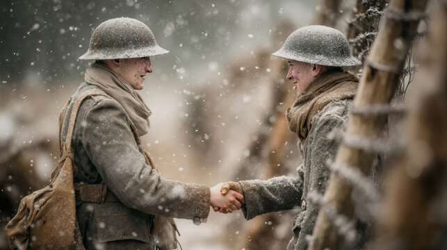 Two soldiers in different uniforms shake hands during a snowy battle scene