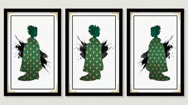 Double exposure triptych, Neo-Oriental luxury, Geisha silhouette with Seigaiha, Kikko, Asanoha patterns, emerald green, gold leaf, charcoal ink, high-volume, best-selling wall art.