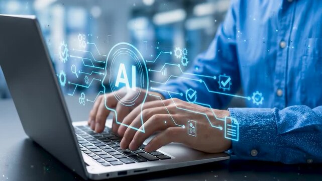 Business professional using laptop with AI hologram interface for automation, data analysis, and intelligent agent support. Ideal for digital transformation and smart workflow concept