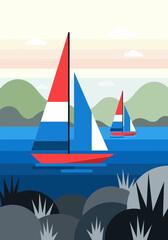 Naklejka premium Geometric Flat Design Illustration of Sailboats on Blue Water with Coastal Mountains and Rocky Shore. Modern Minimalist Nautical Summer Landscape Vector Art.