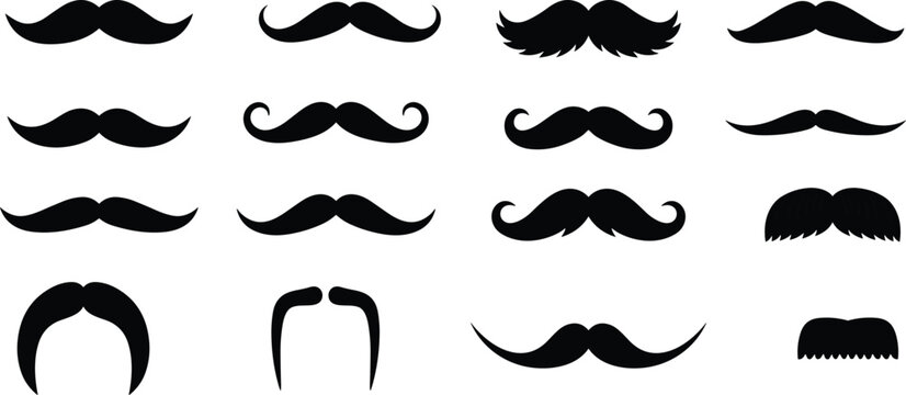Black mustache silhouette collection featuring sixteen diverse facial hair styles for fashion, grooming, vintage design, and character art