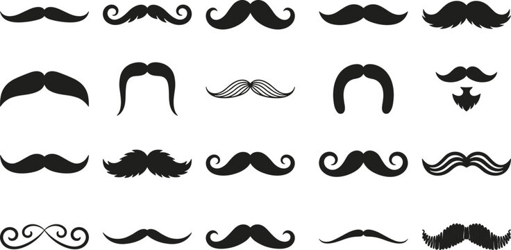 Black mustache silhouette collection featuring twenty diverse facial hair styles for fashion, grooming, design, and character illustration
