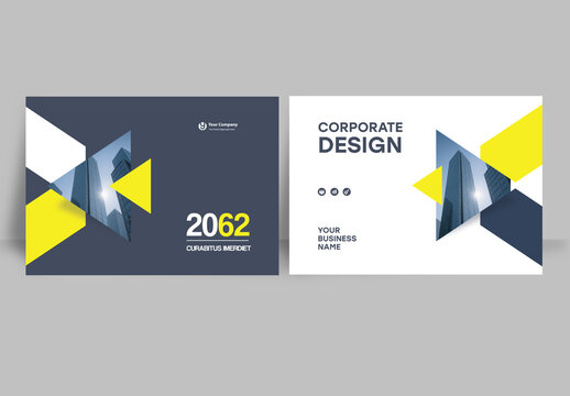 Modern business brochure layout &ndash; Geometric Book Cover Landscape Layout Blue and Yellow

