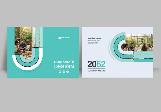 Modern business brochure layout &ndash; Geometric Book Cover Landscape Layout Green and White	

