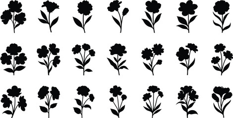 Black floral silhouettes, 20 flower on white background, flowers © Graphic Shops