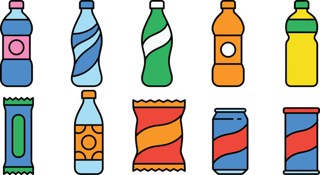 Collection of colorful beverage bottles, soda cans, snack wrappers, and chip bags designed as modern packaging vector illustrations