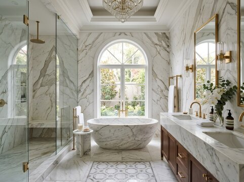Luxurious marble bathroom with freestanding bathtub, walk-in shower, and double vanity