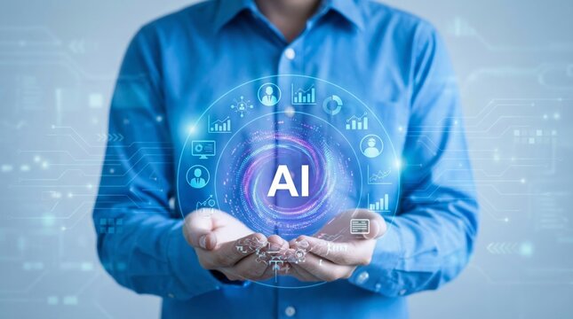 Business professional holding AI hologram with analytics icons for HR evaluation, employee performance appraisal, automated review, and talent management technology concept