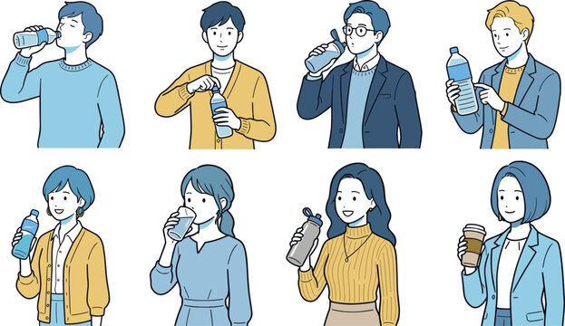 水分補給をする男女セット｜健康管理・熱中症対策・飲み物イラスト