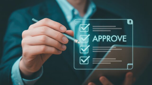 business professional approving digital document with futuristic holographic interface on tablet