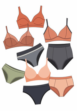 Collection of Women's Underwear and Bras in Earthy Tones. Minimalist Flat Illustration of Lingerie Sets, Including Bralettes, High-Waisted Panties, and Briefs for Fashion Design.