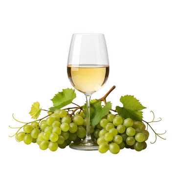 Glass of white wine with fresh green grapes isolated on a transparent background