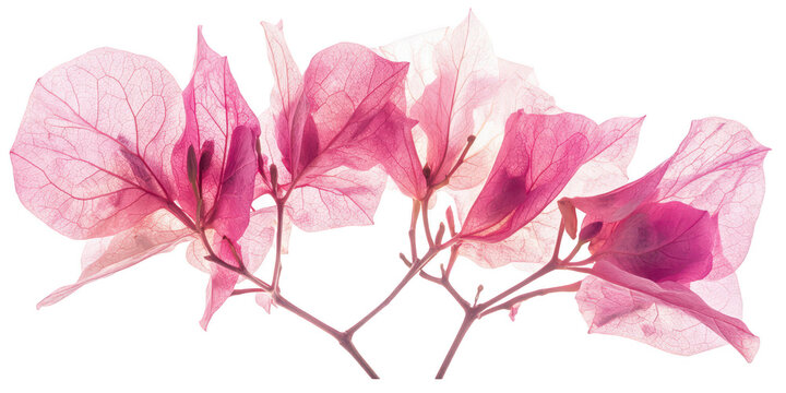 Pink bougainvillea flower branch with delicate petals and stems, png transparent, high quality botanical design asset for floral decorations