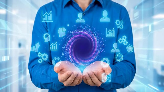 Business professional holding AI hologram with analytics icons for HR evaluation, employee performance appraisal, automated review, and talent management technology concept