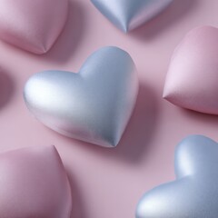 Fototapeta premium pink pillows with silver and blue heart designs isolated on pink background, 3D render soft decor concept