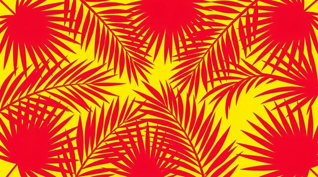 Vibrant Red Palm Fronds Against Bright Yellow Background Tropical Floral Pattern