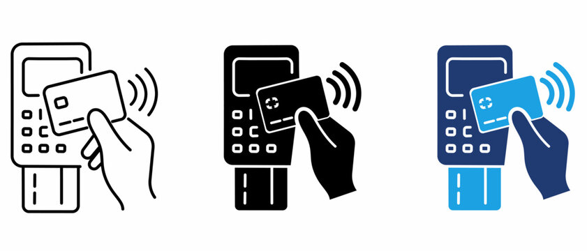 Contactless Payment POS Terminal Icon Set. NFC Tap to Pay, Card Reader, Mobile Wallet, Wireless Transaction Icons.