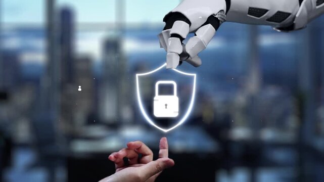 A human hand extends towards a robotic arm, poised to interact with a glowing digital lock, symbolizing the future of security and technology in collaborative environments. Auvana