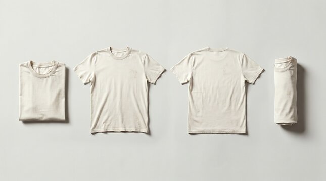 Blank White T-Shirt Mockup Set Front Back Folded and Rolled Views