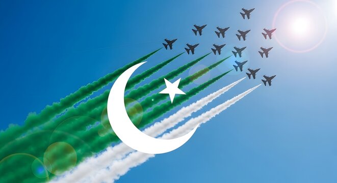 Pakistan air force jets flying in formation with green and white smoke trails and national crescent and star symbol against a clear blue sky