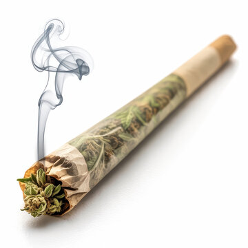 Hand rolled joint with green buds and rising smoke isolated on white background