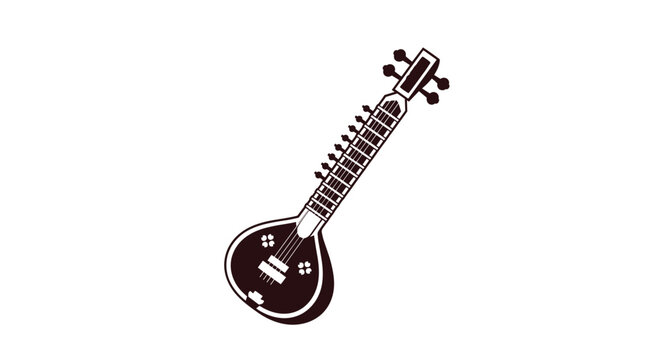 Traditional Indian musical instrument known as a sitar shown as a detailed brown and white vector illustration on a plain background.