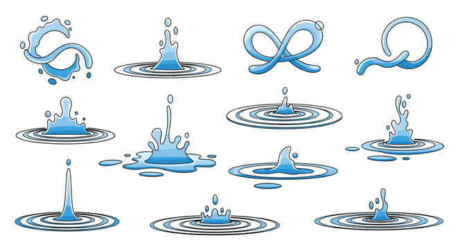 Collection of twelve different blue water effects including splashes ripples droplets and abstract liquid shapes on a white background.