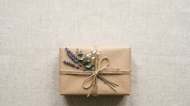 A gift wrapped in brown paper with a twine bow and flowers on top