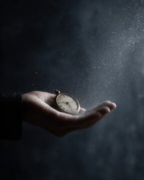 hand holding antique clock disintegrating into sparkling dust on dark moody background, surreal passing of time concept