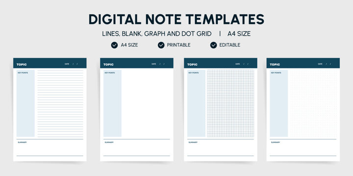 Cornell Note Taking Templates Bundle. Lined, Blank, Graph and Dot Grid Notebook Pages with Topic Header, Key Points and Summary. A4 Printable Editable Study and Business Notes Layout. Vector Set