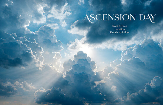 Ascension Day religious background with dramatic sky, heavenly sun rays through blue clouds, spiritual christian event invitation template
