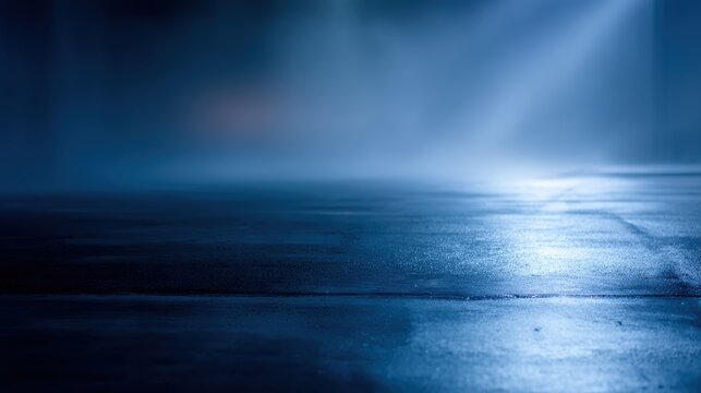 blue dark foggy street with wet asphalt, illuminated by searchlight and laser beams, cinematic smoke atmosphere