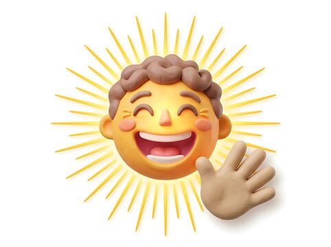 Joyful cartoon face with radiant spikes and clapping hands