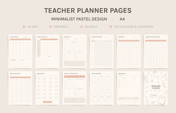 Teacher Planner Pages Vector Set, Printable A4 Lesson Plan Gradebook Attendance Tracker Templates