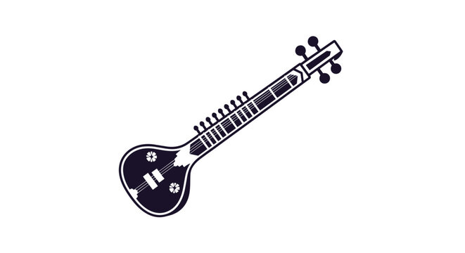 Detailed silhouette of a sitar traditional indian stringed musical instrument isolated on white for cultural and music themes.