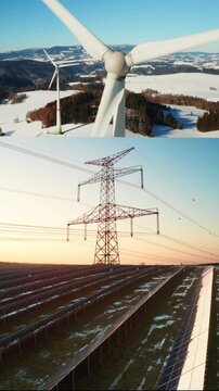 Wind turbine blade, electric grid towers and solar farm in snowy conditions. Climate action and ESG investment theme.