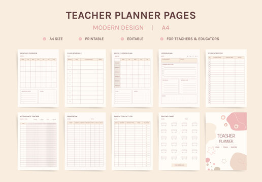 Teacher Planner Pages Vector Set, Modern, Printable A4, Lesson Plan Gradebook Attendance Tracker, Templates