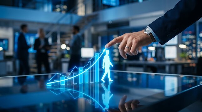 Businessman pointing at glowing digital growth chart with human icon