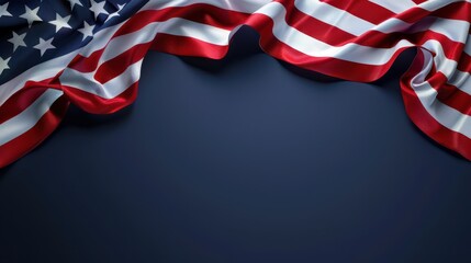Draped american flag over navy background for independence day poster banner and patriotic presentation layout. Memorial Day. Constitution Day of USA. Horizontal banner. Copy space